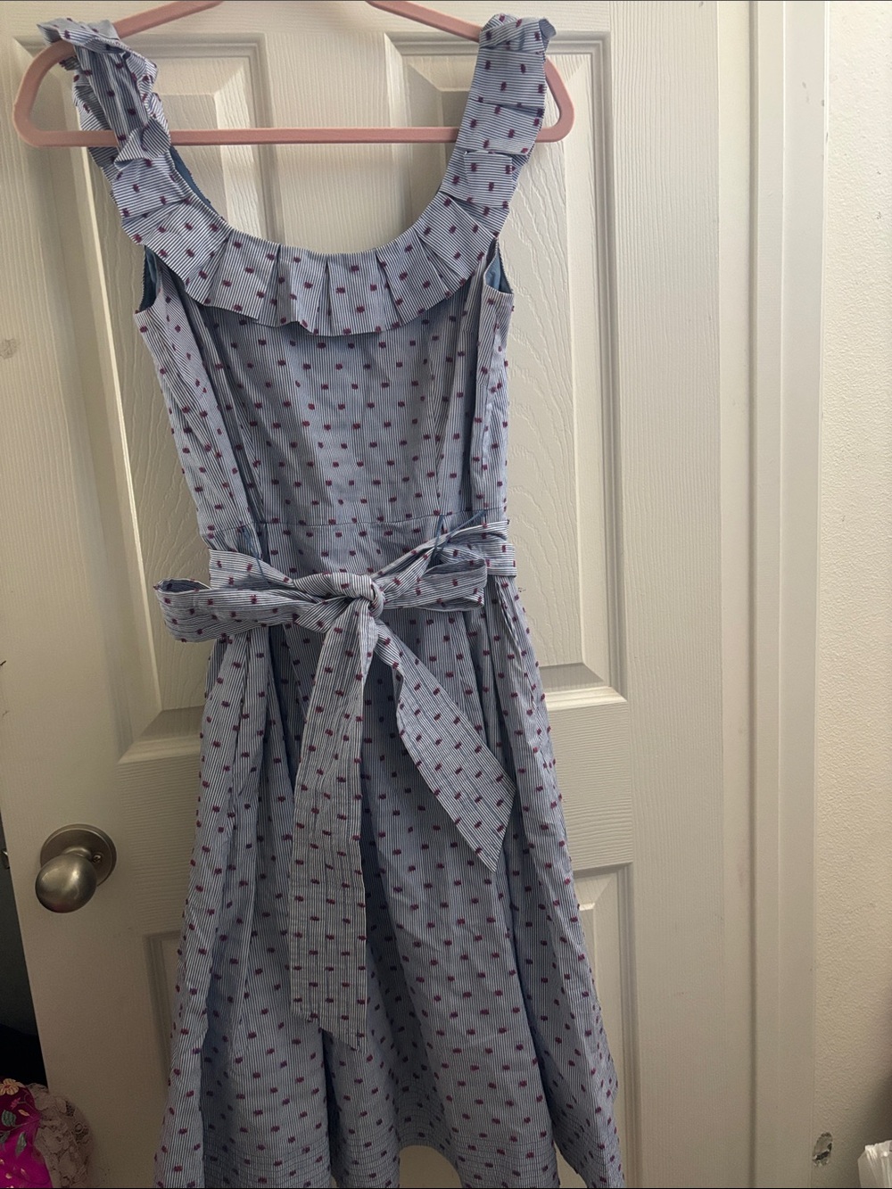 1901 Light Blue Ruffle Neck Polka Dot Sundress